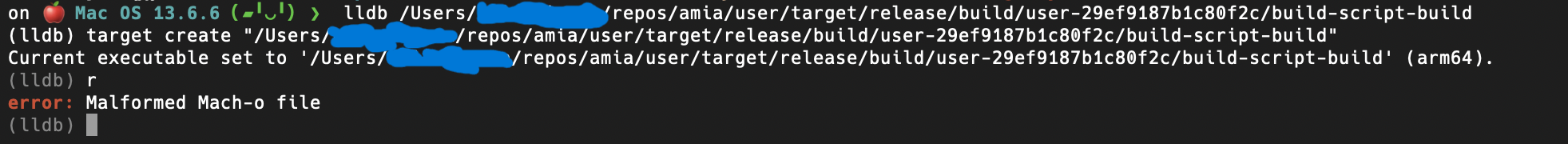 lldb上でMalformed Mach-Oと言われる様子